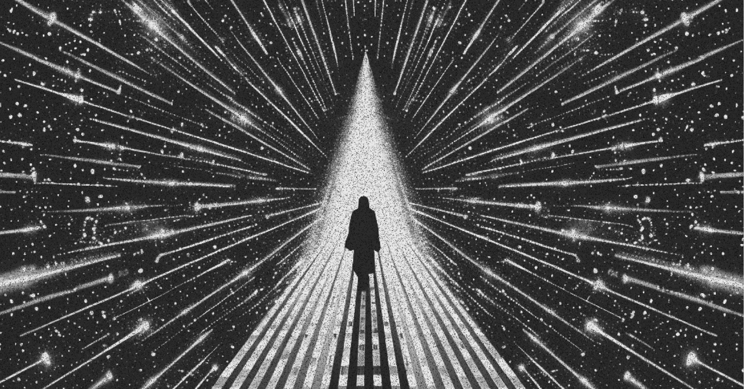 A lone figure walking through a luminous tunnel of star-like agent paths.